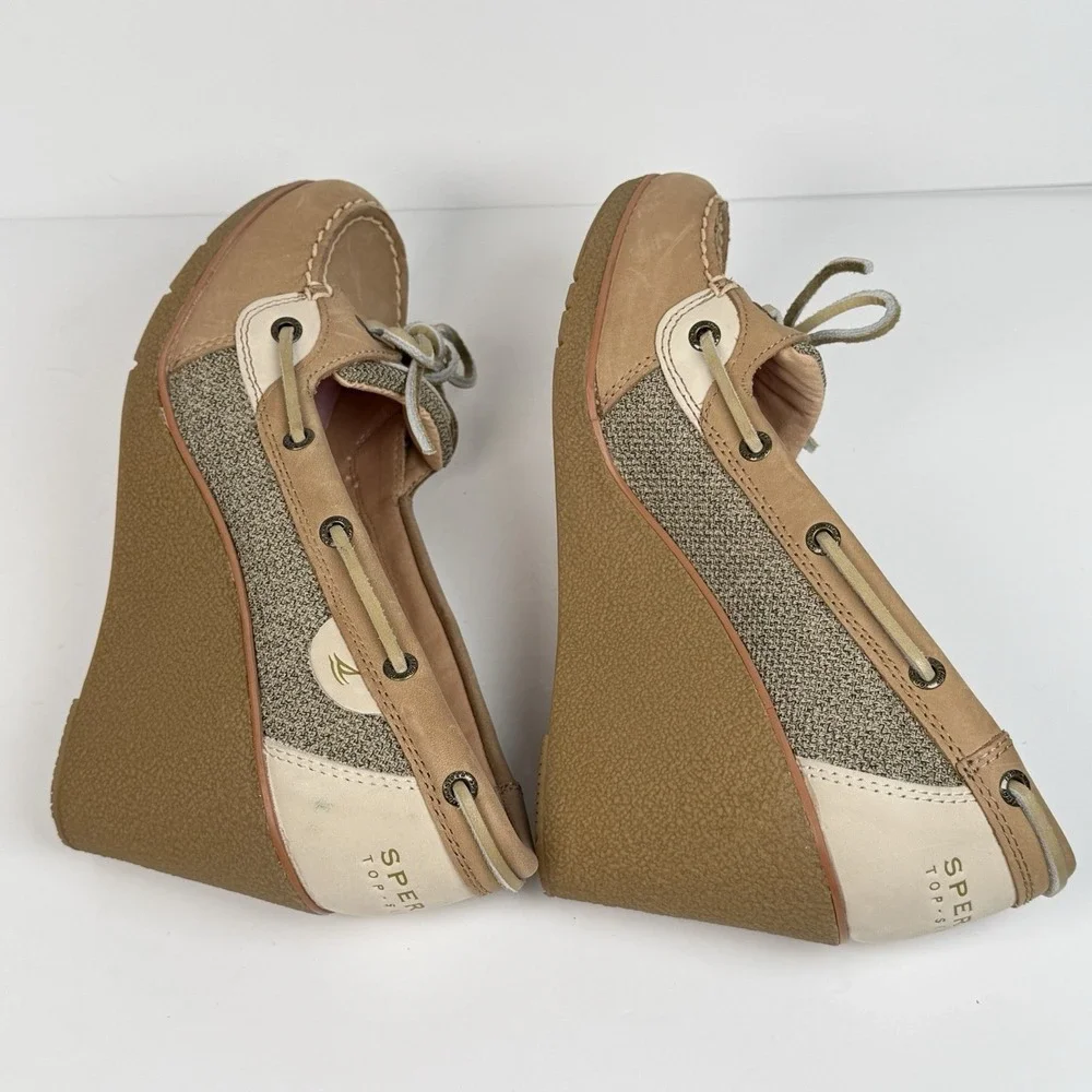 Sperry Top Sider Wedge Heel Boat Shoes Tan Leather Slip On Women 8M Yacht Beach